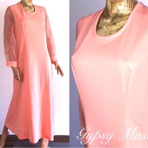 60s MYRETTE Union Made Poly Maxi MOD Hostess Dress~ Salmon Pink~Sheer Sleeves~L